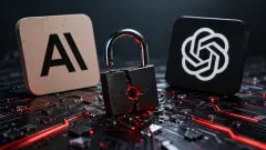 Cracked padlock glowing red on a circuit board between two abstract AI symbols in a dark, dramatic setting